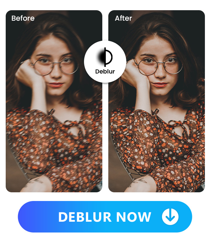 display PhotoDirector's deblur feature by displaying a blurry photo and a clear photo of a girl wearing  glasses
